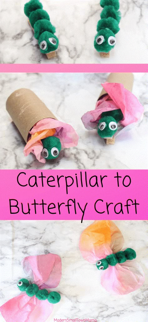 Caterpillars to Butterflies Craft #preschool #craft #butterflies Craft Butterflies, Butterfly Crafts Preschool, Caterpillar To Butterfly, Butterfly Caterpillar, Bugs Preschool, Caterpillar Craft, Preschool Spring, Craft Preschool, Insect Crafts