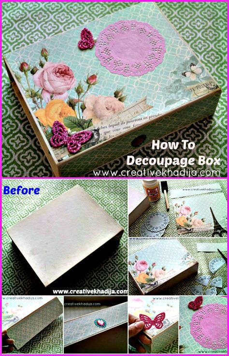 Wooden Box Ideas Diy, Decoupage On Cardboard Boxes, Decorated Cardboard Boxes, How To Decorate Wooden Boxes, Decoupage Boxes Ideas Diy, Decoupage Cardboard Boxes, Decopage Ideas For Boxes, Decupage Boxes Ideas, Crafts With Scrapbook Paper