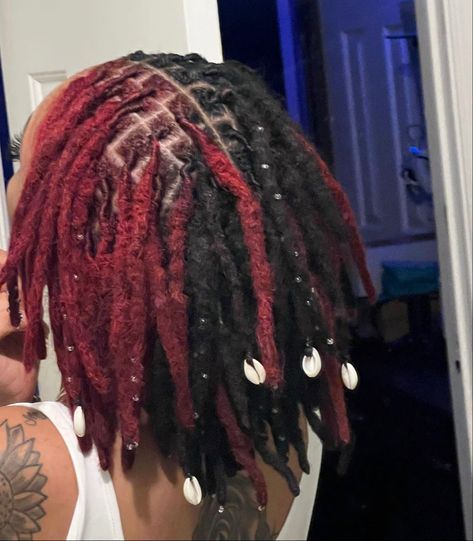 Natural Locs Dyed, Peekaboo Loc Color, Red Locs With Beads, Half Red Half Black Locs, Half And Half Locs Color, Dyed Locs Inspiration, Locs With Peekaboo Color, Locs Hairstyles Colored, Dark Red Locs Black Women