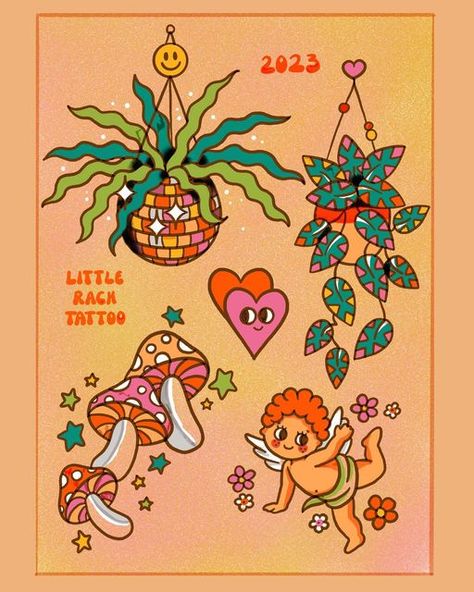 70s Theme Tattoo, Groovy Flash Tattoo, 70s Flash Tattoo, Groovy Traditional Tattoo, 60s Inspired Tattoos, Groovy Chick Tattoo, 70s Style Tattoo, Groovy Flower Tattoo, Groovy Tattoo Ideas