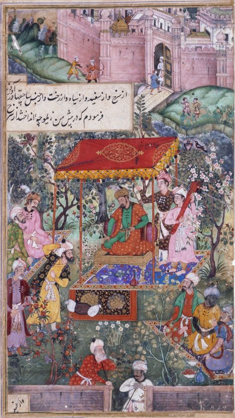 An Illustration from the Baburnama, c. 1590-1593 Babur receiving Uzbek envoys Babur receiving Uzbek envoys By Ramdas. Victoria & Albert Museum IM 275-1913  Babur receiving Uzbek envoys baldachin tent Arabic Artwork, Arabic Painting, Mughal Miniature Paintings, Mughal Miniature, Indian School, Indian Miniature, Educational Platform, Mughal Paintings, Persian Miniature