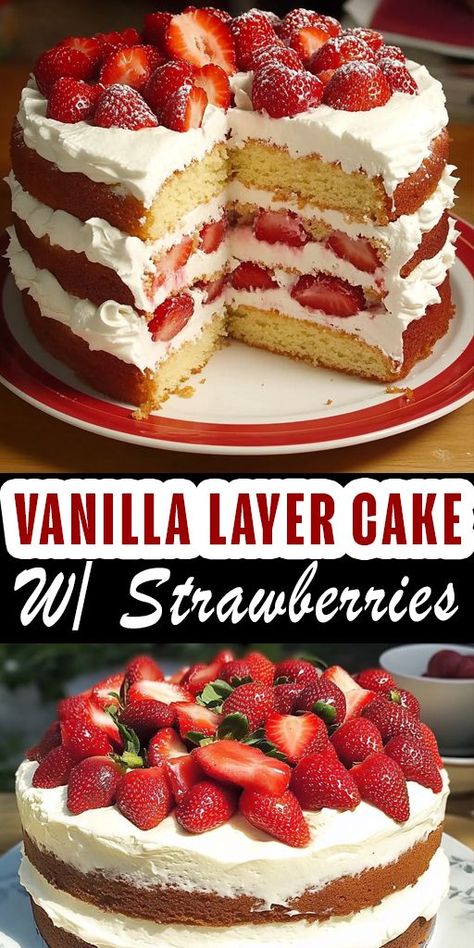 Looking for the perfect dessert to impress? Our Vanilla Layer Cake with Strawberries is a showstopper! This moist, fluffy cake layered with fresh strawberries and whipped cream is the ultimate treat for birthdays, celebrations, or any sweet occasion. ✨ Ready to bake this delicious layer cake? Click the link for the full recipe and elevate your dessert game! ✨ #VanillaLayerCake #StrawberryDessert #BakingJoy #CakeDecorating #SweetTreats #HomemadeDessert #FoodieFavorites #InstaYum #DessertGoals Strawberry And Vanilla Layered Cake, Vanilla Cake With Strawberries, Vanilla Cake With Strawberry Filling, Cake With Fresh Strawberries, Strawberry Layer Cake, Vanilla Layer Cake, Trifle Cake, Strawberry Layer Cakes, Easy Vanilla Cake