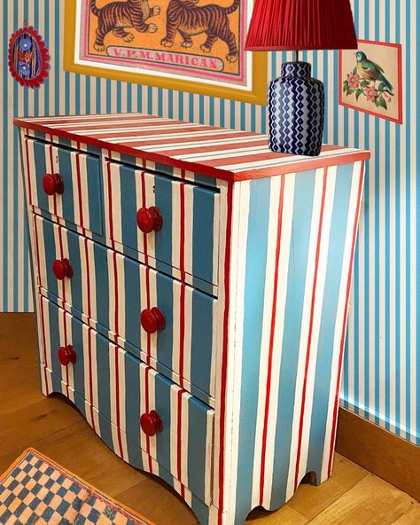 Striped Furniture, Painted Chest Of Drawers, Hand Painted Dressers, Painted Chair, Painted Chest, Nursery Room Inspiration, Mobile Tv, Blue Rooms, Hand Painted Furniture