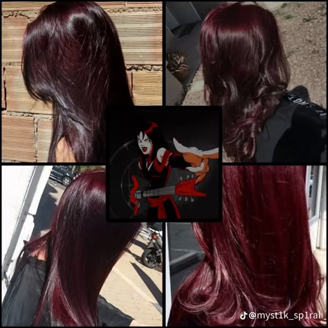 Cherry Black Red Hair, Dyed Dark Red Hair, Short Cherry Red Hair, Black And Red Highlights, Halo Hair Color, Red Halo Hair, Hair Color With Bangs, Red Burgundy Hair, Red Hair Streaks