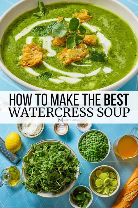 Minty, bright green watercress soup with spring peas and mint. Plus learn about watercress' benefits, what is watercress, and how to use it. Watercress Benefits, Mediterranean Soup Recipes, Recipe With Peas, Watercress Recipes, Watercress Soup, Veggie Soup Recipes, Spring Peas, The Mediterranean Dish, Mind Diet