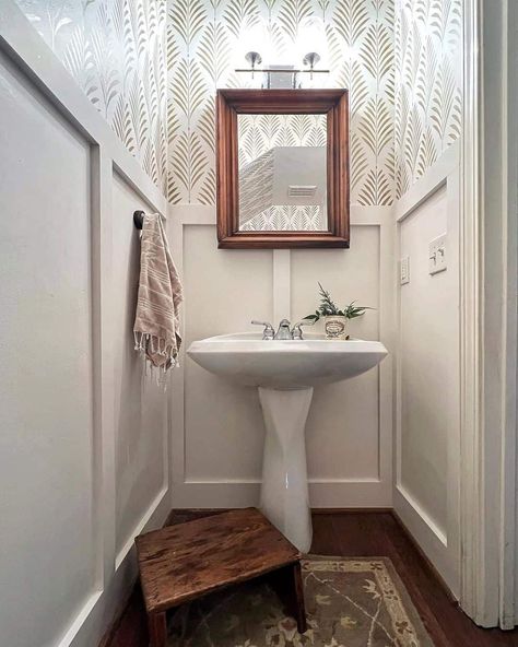 Board and Batten and Leaf Stencil Wall - Soul & Lane Half Bathroom Ideas With Pedestal Sink, Pedestal Sink Bathroom Ideas, Sink Bathroom Ideas, White Hexagon Tile Bathroom, Bathroom With Pedestal Sink, Modern Half Bath, Small Pedestal Sink, Powder Room Pedestal Sink, Penny Tiles Bathroom