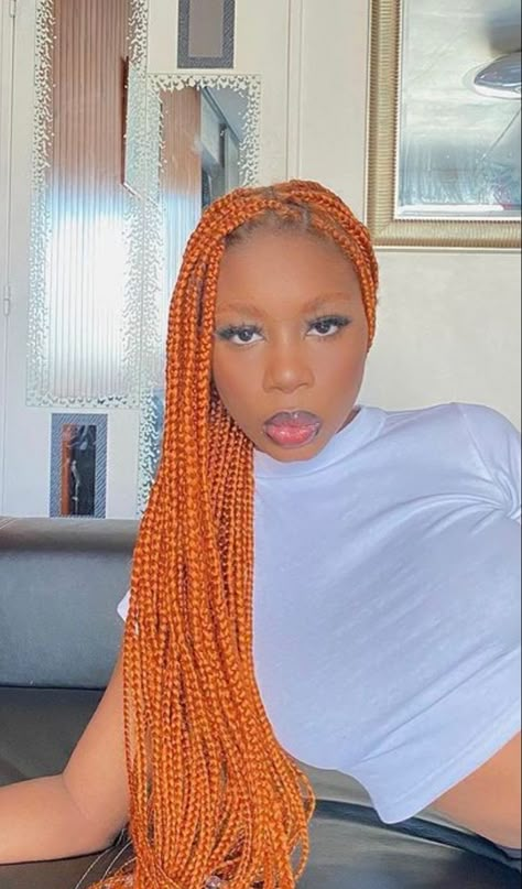 #orange #boxbraids #braids #braidstyles #braidedhair #braidedhairstylesforblackwomen #aesthetic #art Ginger Box Braids With Blonde, Orange Hair Black Women Braids, Burnt Orange Box Braids, Box Braids Orange, Orange Knotless Braids, Orange Box Braids, Yellow Braids, Orange Braids, Braids Blonde