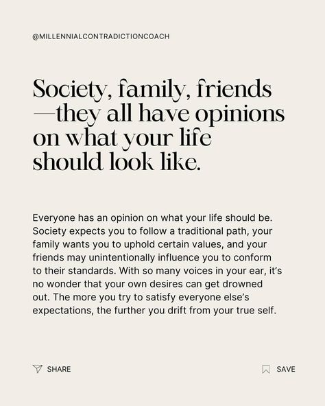 You’ve spent your whole life trying to meet other people’s expectations—whether it’s your parents, society, or even your friends. But the more you try to live up to these expectations, the more you lose yourself. It’s time to stop and ask: Whose life are you living? Let’s work together to reclaim your identity and start living life on your own terms. Comment I'm ready to book a session and start reclaiming your life today. 📷 @clairepreecephotography #BreakFree #LiveForYou #Identit... Live Life On Your Own Terms Quotes, Stop Living For Other People Quotes, No People Pleasing, Friends Come Into Your Life For A Reason, Identity Ask, When You Know Your Place In Peoples Lives, Parents Expectations Quotes, Living Up To Others Expectations, Stop Giving People More Of What They Don’t Appreciate