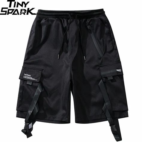 Men Hip Hop Short Joggers Streetwear 2023 Harajuku Cargo Shorts Pockets Ribbon Summer Black Tatical Military Baggy Short Hipster Masc Shorts, Techwear Shorts, Womens Techwear, Mens Techwear, Vintage Street Style, Techwear Outfits, Baggy Shorts, Pant Trends, Shorts Cargo