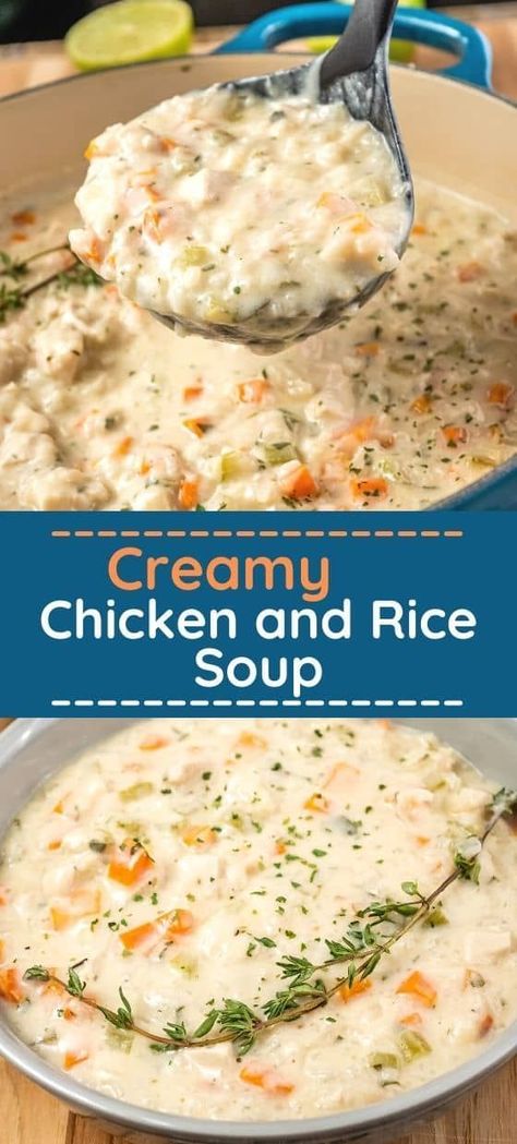 Soup Chicken Tortilla, Creamy Chicken And Rice Soup, Soup Chicken Noodle, Creamy Soup Recipes, Creamy Chicken And Rice, Rice Soup Recipes, Fluffy Rice, Chicken Rice Soup, Soup Chicken