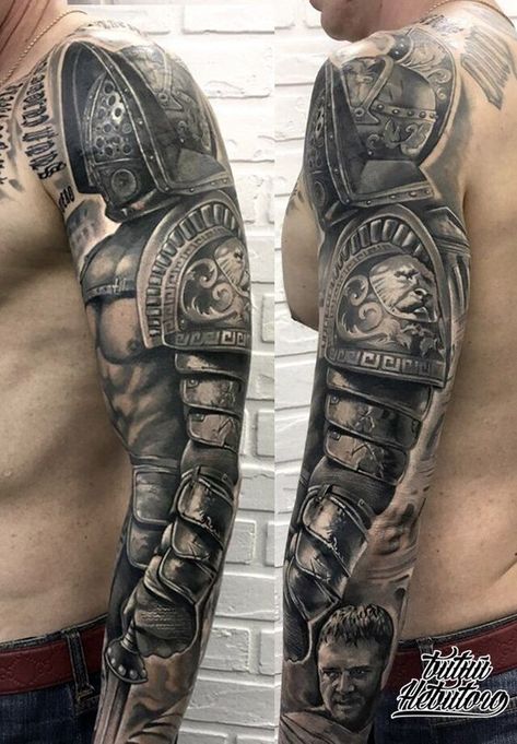 Full armored sleeve tattoo on the arm | www.otziapp.com Armor Sleeve Tattoo, Armour Tattoo, Shoulder Armor Tattoo, Body Armor Tattoo, Roman Tattoo, Gladiator Tattoo, Spartan Tattoo, Armor Tattoo, Men Tattoos Arm Sleeve