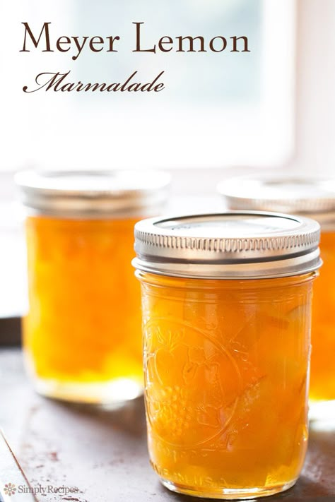 Homemade Meyer Lemon Marmalade with only 3 ingredients! Meyer lemons, sugar, water. No added pectin needed! On SimplyRecipes.com #canning #jam #marmalade Fresh Peach Jam, Meyer Lemon Recipes, Peach Jam Recipe, Lemon Marmalade, Drinking Whiskey, Canning Jams, Marmalade Recipe, Jam Recipes Homemade, Canning Jam