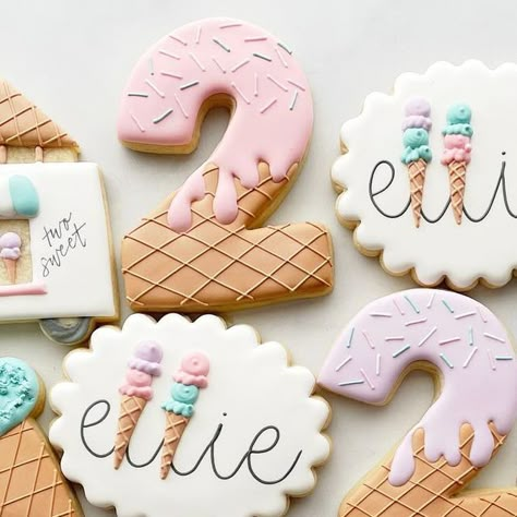 Ashley | Spokane Sugar Cookies on Instagram: "Dreaming of summer days filled with extra daylight, sunshine, ice cream cones, and adventures. Also, it’s the custom made color corresponding sprinkles, for me. . . #icecreamcookies #icecreamconecookies #summercookies #summertime #customcookies #decoratedsugarcookies #spokanecookies #spokane #bradyladybakery" Two Sweet Party 2nd Birthday Cookies, Ice Cream Shaped Cookies, Second Birthday Ice Cream Theme, Ice Cream Themed Cookies Decorated, Ice Cream Theme Party Food, Ice Cream Royal Icing Cookies, Ice Cream Birthday Cookies Decorated, Ice Cream Party Cookies, Ice Cream Decorated Cookies