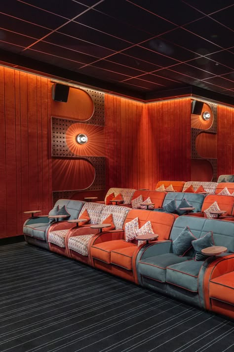 Cinema Wall Art, Boutique Cinema, Movie Room Design, Everyman Cinema, Small Cinema Room, Cinema Interior Design, Private Movie Theater, Wes Anderson Decor, Tampa Beach