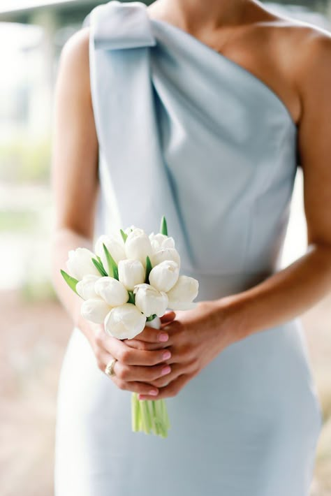 White Tulips Bridesmaid Bouquet, Bridesmaid Bouquet Blue Dress, Small White Tulip Bouquet, Tulips Bridesmaid Bouquets, Bouquet Tulips Wedding, Tulip Bridal Bouquet Brides, Blue And White Bridesmaids Bouquet, Wedding Tulips Bouquet, Wedding Bouquets With Tulips