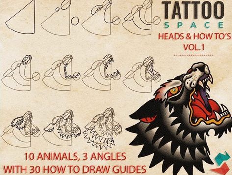 American Traditional Tattoo Tutorial, Traditional Tattoo Step By Step, American Traditional Tutorial, How To Draw Traditional Tattoos Step By Step, How To Draw American Traditional, How To Draw Traditional Tattoos, Animal Head Tattoo, Tattoo Drawing Tutorial, How To Draw Tattoos