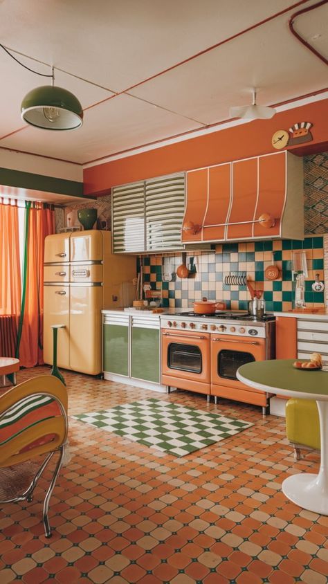 80s Style Kitchen, Retro Eclectic Kitchen, Vintage 50s Kitchen, Retro Orange Kitchen, 1960s Kitchen Decor, Kitchen 70s Style, Vintage Orange Kitchen, Funky Retro Kitchen, 70s Retro Kitchen