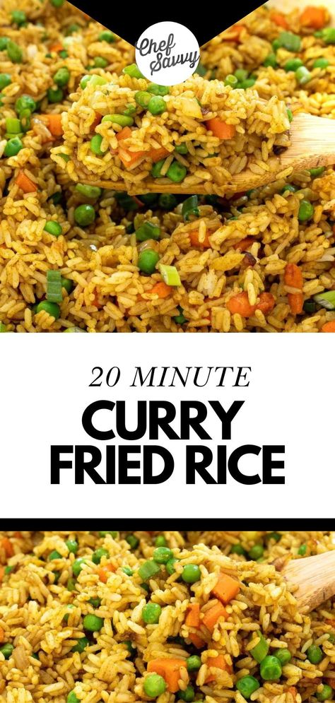 Save this Easy Curry Fried Rice Recipe! Take your Fried Rice up a notch with this Curry Fried Rice! The curry powder adds so much flavor and is a fun twist on traditional fried rice. This Curry Fried Rice is made with leftover white rice, peas, carrots and onions! It makes the perfect side dish to Asian or Indian food! Follow Chef Savvy for more Healthy Family Friendly Recipes! Coconut Curry Fried Rice, Rice Carrot Recipe, Fried Rice Dishes Recipes, White Rice And Vegetables, Curried Fried Rice, Indian Curry Rice, Curry Fried Rice Recipe, Gravy Rice Recipe, Curried Rice Recipes