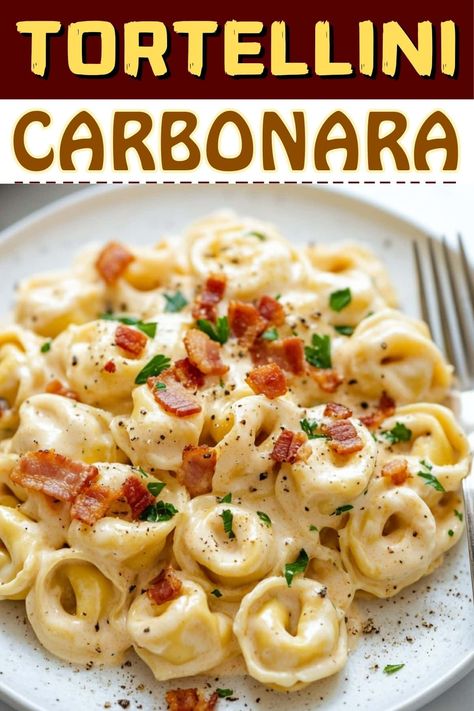 Delicious Main Dishes, Tortilini Recipes Easy, Cream Sauce Tortellini, Tortellini And Bacon Recipes, Tortellini Dishes Dinners, Tortellini Ideas Dinners, Meal With Bacon, Cream Sauce For Tortellini, Easy Dinner To Take To Someone