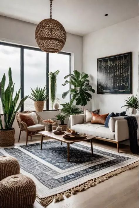 Bohemian living room with sustainable and natural elements Minimalist Living Room With Plants, Sustainable Living Room, Small Modern Living Room, Living Room Plants, Sofa Cotton, Eco Friendly Furniture, Classy Decor, Natural Textiles, Bohemian Living