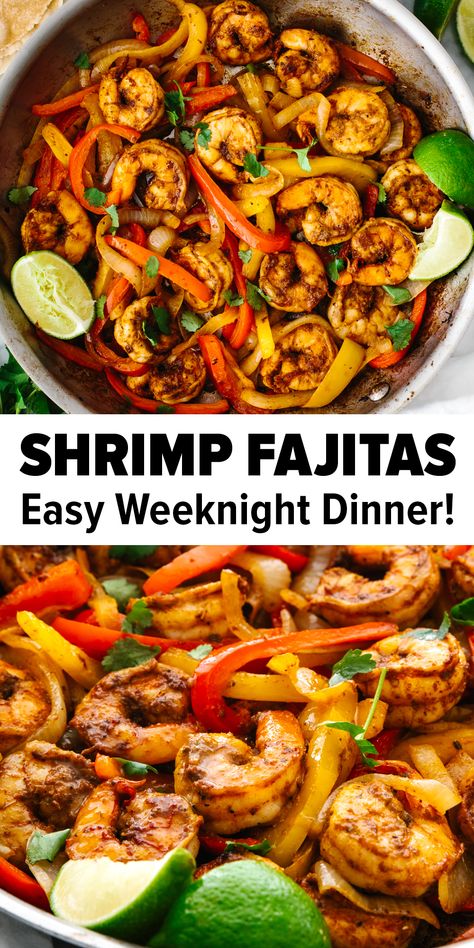 Shrimp fajitas in a pan Shrimp Fajitas Recipe, Easy Fajita Recipe, Shrimp Marinade, Skillet Shrimp, Homemade Fajita Seasoning, Fajitas Recipe, Shrimp Fajitas, Shrimp Recipes Healthy, Shrimp Dinner