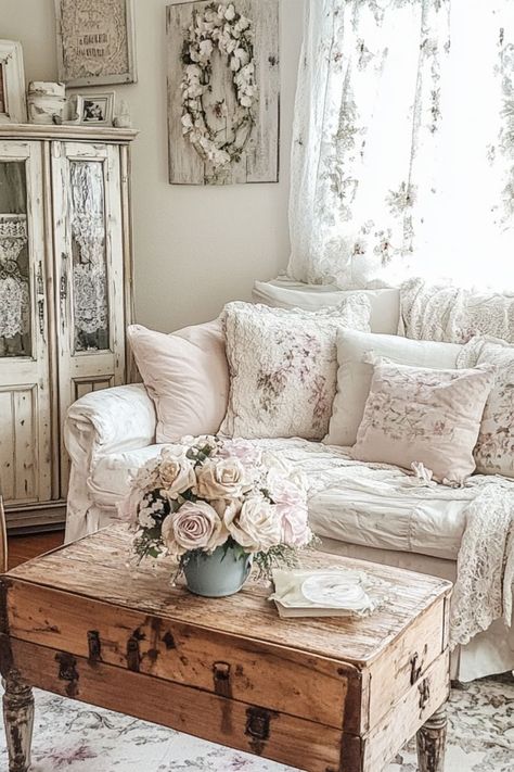 Add a cozy vintage vibe to your space with DIY shabby chic decor! Soft tones, distressed finishes, and rustic charm. #ShabbyChicDecor #VintageStyle #DIYHome Shabby Chic Game Room, European Cottage Living Room, Shabby Chic Living Room Vintage, Shabby Chic Sitting Room, Boho Shabby Chic Decor, Diy Shabby Chic Decor, Boho 2024, Country Chic Living Room, Shabby Chic Room Decor