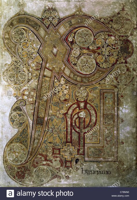 The Book of Kells. Chi Rho monogram. Folio 34r. 8th century. Trinity College Library. Dublin. Ireland. Stock Photo Illuminated Text, Western Calligraphy, Trinity Library, Trinity College Library, The Book Of Kells, Latin Text, Short Notes, Chi Rho, College Library