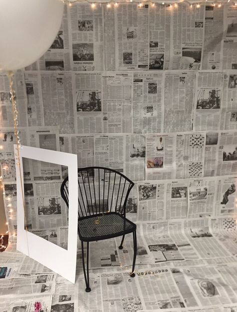 Photo booth - newspaper and props - 36" white balloon - Insta frame - chair. I recommend clear tape for ground as it will get ripped up. Photo Booth Background Ideas, Diy Cardboard Photo Booth, Cardboard Photo Booth Backdrop, Photo Booth Decoration Ideas, Newspaper Backdrop, Creative Photobooth Ideas, Photo Booths Ideas, Photo Back Drop Wall Ideas, Photo Corner Ideas Party