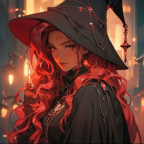 Red Hair Witch Art, Witch Pfp Aesthetic, Witch Pfp, Coven Of Witches, Fire Witch, Witch Illustration, Anime Red Hair, Red Witch, Autumn Witch