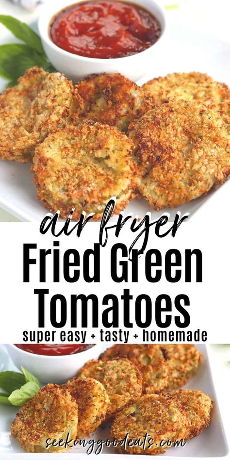 Air Fryer Fried Green Tomatoes are a super easy and tasty side dish or snack! Fried green tomatoes in air fryer are much healthier than those fried in oil. Crispy seasoning coating over tender tart green tomatoes. Delish. Only 8 ingredients and less than 15 minutes from start to finish! Air fyer green tomatoes are delicious dipped in ketchup or marinara sauce. Green Tomatoes In Air Fryer, Tomatoes In Air Fryer, Keto Fried Green Tomatoes, Air Fryer Fried Green Tomatoes, Air Fryer Easy Recipes, Fried Green Tomatoes Recipe Easy, Air Fryer Recipes Keto, Air Fryer Easy, Fried Green Tomatoes Recipe