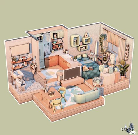 Loft Apartment Layout, Sims Apartment, Sims 4 Loft, Sims 4 Houses Layout, Sims Challenge, Tiny Loft, Sims 4 Kitchen, Sims Free Play, Sims 4 Bedroom