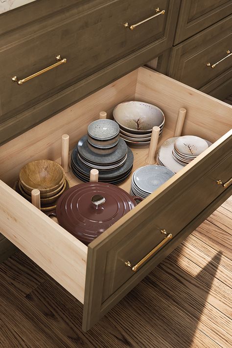 Kitchen Organization Products - Diamond Cabinets Store Dishes In Drawers, Plates In Drawers, Mediterranean Style Kitchen, Dish Drawers, Dish Organizer, Diamond Cabinets, Dish Organization, Plate Organizer, Kitchen 2022