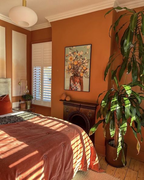 Warm Orange Bedroom, Orange Closet Aesthetic, Amber Walls, Soft Orange Room Aesthetic, Orange Paint Bedroom, Orange And Brown Room Aesthetic, Orange Walls Bedroom, Orange Wall Bedroom, Burnt Orange Walls