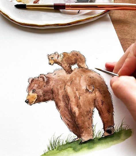 Brown Bear Watercolor, Bear Watercolor Painting, Picture Crafts, Card Homemade, Bear Sketch, Bear Painting, Woodland Animal Art, Watercolor Paintings Of Animals, Mountain Nursery