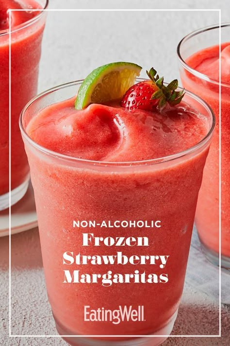 Virgin Strawberry Margarita, Margarita Mocktail, Strawberry Margaritas, Frozen Strawberry Margarita, Strawberry Margarita Recipe, Virgin Drinks, Frozen Strawberry, Alcohol Free Drinks, Healthy Appetizer Recipes