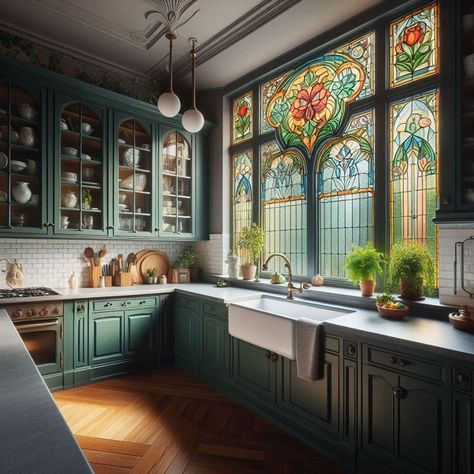 Glass Window Kitchen Cabinets, Kitchen With Stained Glass Windows, Stained Glass Windows Kitchen, Art Nouveau Kitchen Cabinets, Stained Glass Window In Kitchen, Stain Glass Cabinet Doors, Art Nouveau Stained Glass Window, Art Nouveau Kitchen Design, Stained Glass Kitchen Cabinets