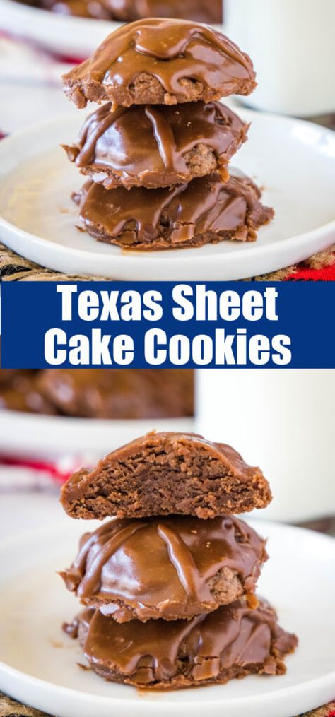 Texas Sheet Cake Cookies - turn classic Texas sheet cake into thick and fudgy cookies completely with a smooth and tangy chocolate icing. Super easy to make and the perfect chocolate, decadent treat! Sheet Cake Cookies, Fudgy Cookies, Cake Cookies Recipe, Texas Sheet Cake Cookies, Pear And Almond Cake, Texas Sheet, Texas Sheet Cake, Cookie Cake Recipe, Sheet Cake Recipes