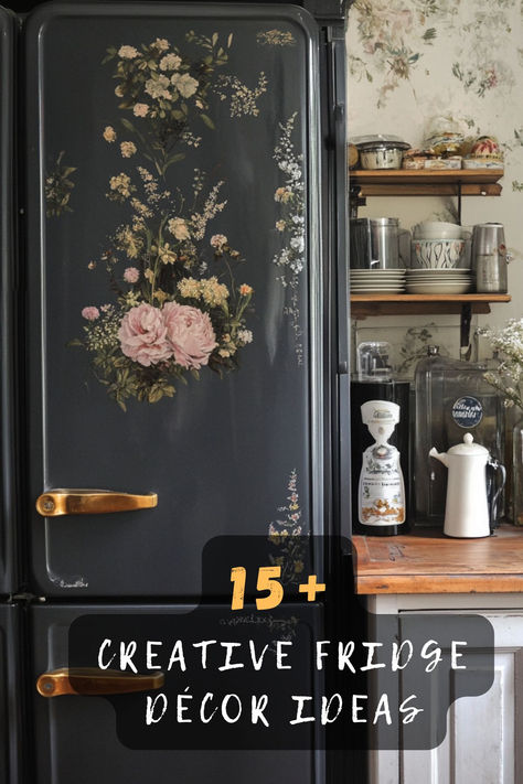 Tired of a plain fridge? These 15 gorgeous décor ideas will inspire you to give it a fresh, stylish look! From peel-and-stick wallpapers to creative magnets, these ideas are a must-see. Click to explore! 🖼️✨ #FridgeDecor #KitchenInspo #StylishHomes #DIYDecor #CreativeIdeas #KitchenGoals #HomeStyle Space Above The Fridge Ideas, Vinyl Wrapped Fridge Refrigerators, Painting A Mini Fridge, Gap Above Refrigerator, Cover Refrigerator Diy, Fridge Peel And Stick, How To Cover Dents On Fridge, Fridge Art Ideas, Contact Paper Refrigerator Diy