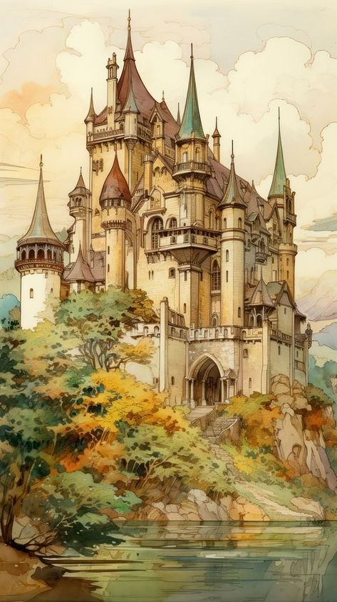 An art nouveau drawing of a castle architecture building painting. | premium image by rawpixel.com / Tanat Chittirungsan Art Nouveau Architecture Drawings, Art Nouveau Castle, Art Nouveau Architecture Buildings, Drawing Of A Castle, Fantasy Castle Art, Art Nouveau Drawing, Castle Paintings, Fairy Tale Wallpaper, Wallpaper Medieval