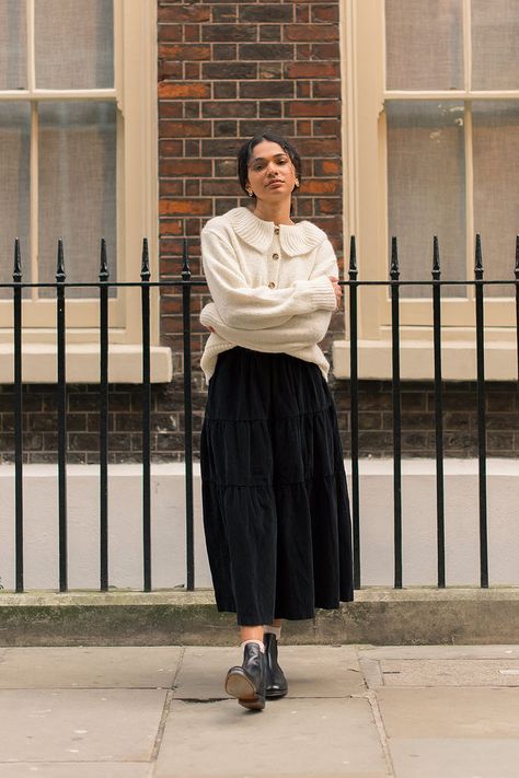 Meard Cord Skirt, Black Black Tiered Maxi Skirt Outfit, England Moodboard, Black Tiered Skirt Outfit, Cord Skirt Outfit, Tiered Maxi Skirt Outfit, Tiered Skirt Outfit, Black Pleated Skirt Outfit, Corduroy Skirt Outfit, Black Tiered Skirt