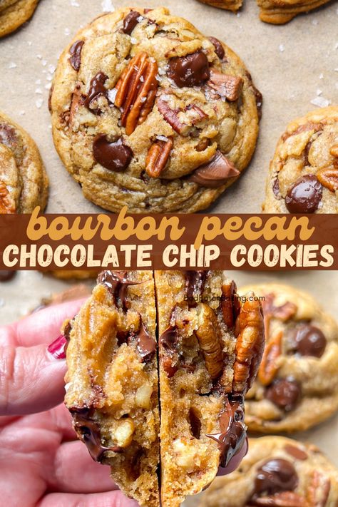 Bourbon Bacon Chocolate Chip Cookies, Bourbon And Brown Butter Peach Cookies, Bourbon Cream Cookies, Carmel Pecan Chocolate Chip Cookie, Brown Butter Bourbon Chocolate Chip Cookies, Thanksgiving Cookie Flavors, Alcoholic Baked Goods, Cookies With Alcohol In Them, Bourbon Shortbread Cookies