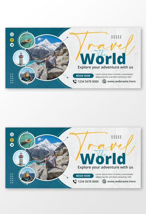 Travel Agency Banner Design, Travel Cover Design, Graphic Banner Design, Travel Banner Design Ideas, Event Banner Design Inspiration, Facebook Cover Design Ideas, Background Business Design, Travel Banner Design, Cover Facebook Design