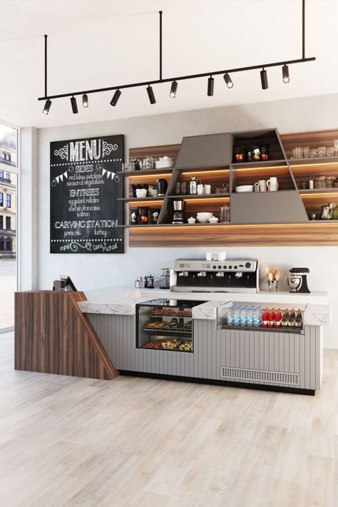 Cafe Coffee Counter Design, Self Service Restaurant Design Ideas, Coffee Shop Bar Counter Design, Self Service Coffee Shop, Cafe Service Counter, Coffee Shop Display Counter, Service Counter Design Restaurants, Counter Cafe Design, Cafe Counter Display