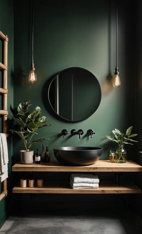 Small Bathroom Ideas Dark Green, Small Dark Green Bathroom, Bathroom With Green Walls, Dark Green Powder Room, Dark Small Bathroom Ideas, Small Bathroom Green, Powder Room Green, Small Green Bathroom, Green Small Bathrooms