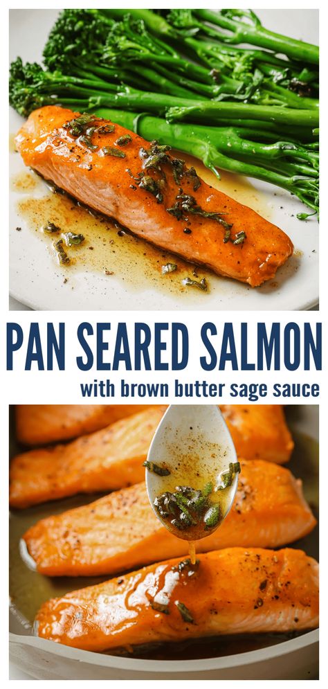 Perfectly buttery and flaky, this pan seared salmon topped with brown butter sage sauce for a fun at-home fine-dining experience. With hints of honey and earthy nutmeg, this 30-minute dinner is also perfect for any weeknight. #salmonrecipe #salmondinner #pansearedsalmon #brownbuttersauce #brownbutter #fallrecipes #comfortfood Brown Butter Salmon, Sage Salmon, Sage Salmon Recipe, Heart Healthy Diet Recipes, Brown Butter Sage Sauce, Best Salmon Recipe, Sage Recipes, Brown Butter Sauce, Butter Salmon