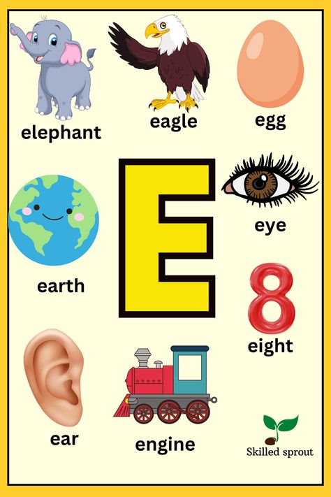 Letter E Flashcards, Alphabet Cutouts Letters, E Sound Words, E Words For Kids, Letter E Activities For Preschool, Kindergarten Numeracy, Phonics Reading Activities, Letter E Activities, Kids Learning Alphabet