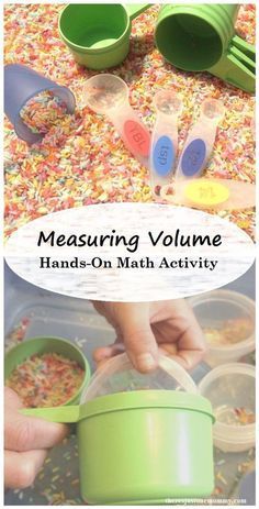 hands-on math activity: measuring volume math activity Measuring Activities For Kindergarten, Measuring Volume Activities, Capacity Preschool, Volume Math Activities, Preschool Measurement, Weight Activities, Capacity Activities, Volume Activities, Volume Math