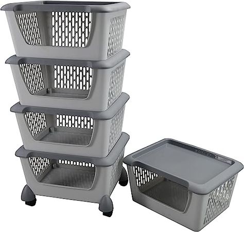 No Fold Laundry System, Stacking Baskets, Stacking Basket, Fold Laundry, Stacking Storage, Laundry System, Utility Closet, Shelf Baskets, Grey Storage