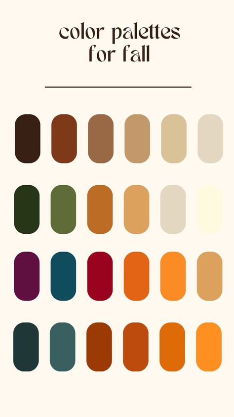 Text reads: Color palettes for fall. Four lines of 6 colors each in varying browns, greens, reds, blues, and browns. Colorful Fall Wardrobe, Fall Earth Tones, Jeweled Tones, Fall Color Palette Jewelry, Fall Color Clothes, Earth And Jewel Tones, Autumn Pallette Outfit, Fall Color Palette Outfits, Earth Tone Nails Colors