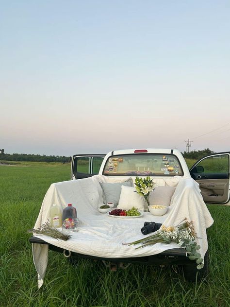 Picnic Truck Bed, Truck Bed Camping Aesthetic, Pick Up Truck Picnic, Back Of A Truck Date, Pickup Truck Picnic, Bed Of Truck Date, Truck Picnic Date, Trunk Picnic Date, Truck Date Ideas